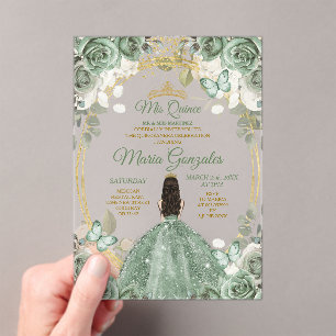Invitations En Acrylique Gold Mis Quince Dusty Green Floral Quinceañera