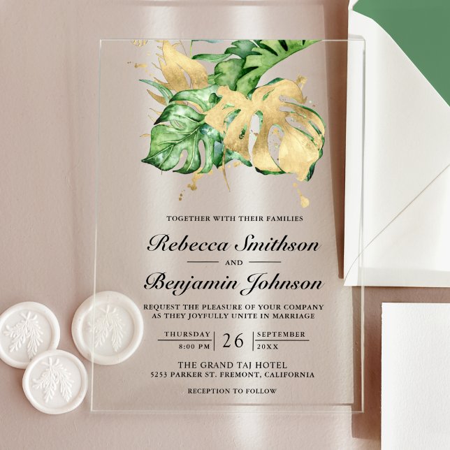 Invitations En Acrylique Gold Monstera Tropical Palm Wedding (Créateur téléchargé)