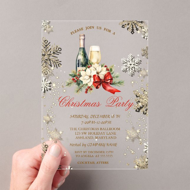 Invitations En Acrylique Gold Snowflakes, Poinsettia Wine Company Party (In situ (ordinateur de poche))
