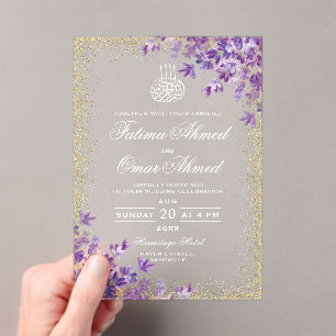 Invitations En Acrylique Gold Violet Lavande Mariage musulman musulman