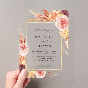 Invitations En Acrylique Golden Burgundy & Blush Pink FlorMariage