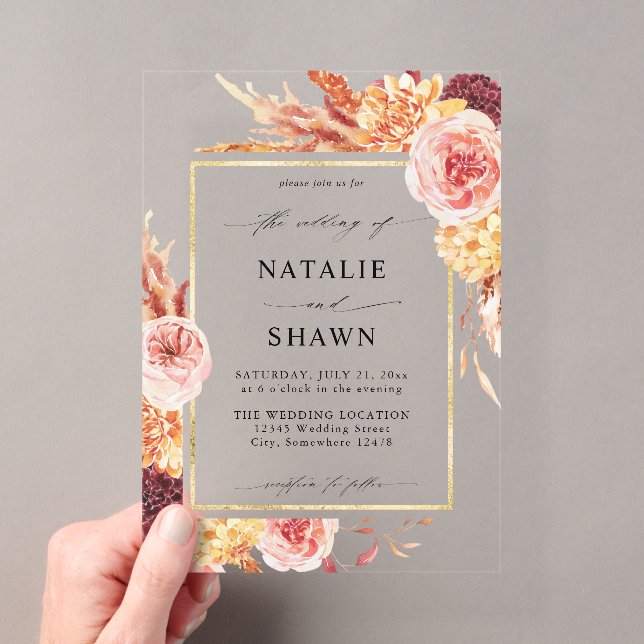 Invitations En Acrylique Golden Burgundy & Blush Pink FlorMariage (In situ (ordinateur de poche))