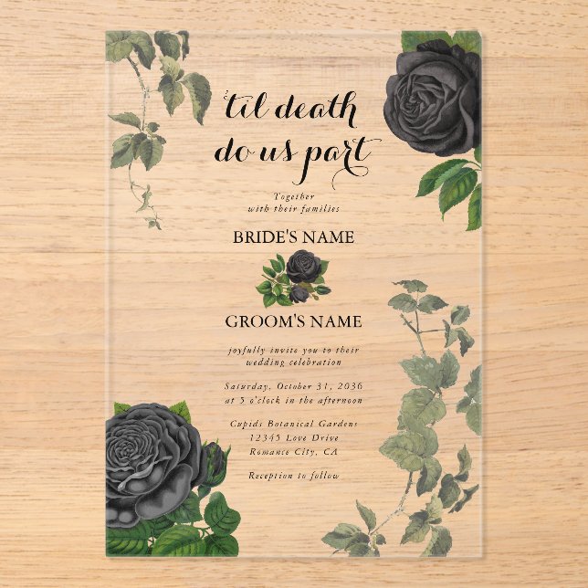 Invitations En Acrylique Gothique Halloween Roses noirs Mariage clair (Recto)