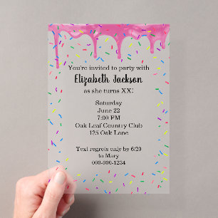 Invitations En Acrylique Gouttes de glaçage rose avec paillettes d'annivers