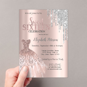 Invitations En Acrylique Gouttes de paillettes argentées cool, robe rose do