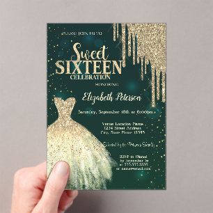Invitations En Acrylique Gouttes de paillettes dorées cool, robe verte pour