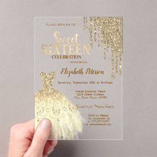 Invitations En Acrylique Gouttes de paillettes dorées cool, robe verte pour