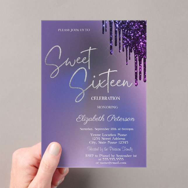 Invitations En Acrylique Gouttes de paillettes Violet foncé Sweet 16 Violet (In situ (ordinateur de poche))