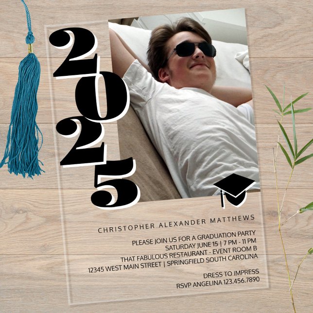 Invitations En Acrylique Grad 2025 Modern Photo Black And White Cool Party (Add your graduate's photo to this bold black and white typography design printed on sleek acrylic )