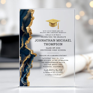 Invitations En Acrylique Graduation Blue Gold Agate Graduation