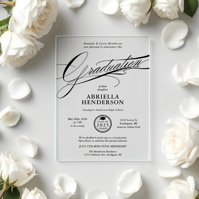 Invitations En Acrylique Graduation de script élégant et formel (Elegant and Formal Acrylic Graduation Announcement and Invitation)