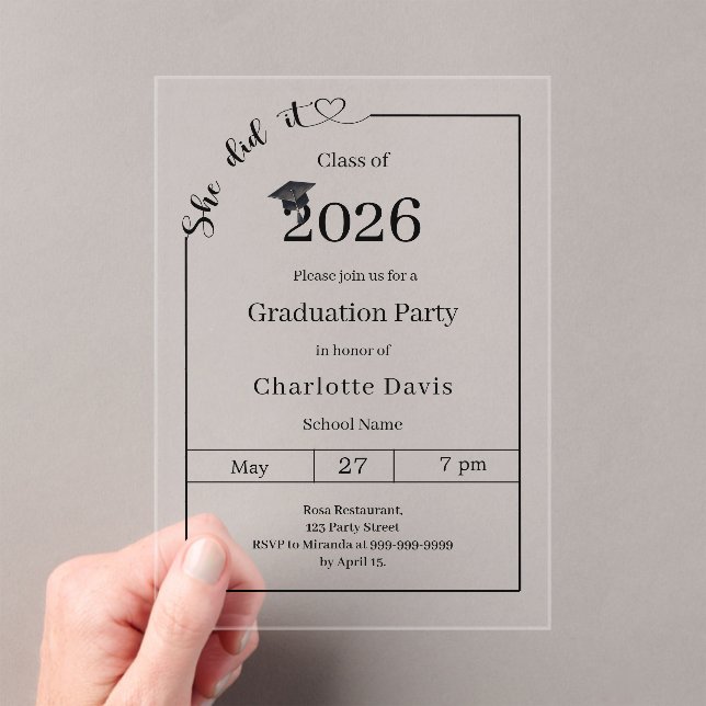Invitations En Acrylique Graduation party minimalist modern She did it (In situ (ordinateur de poche))