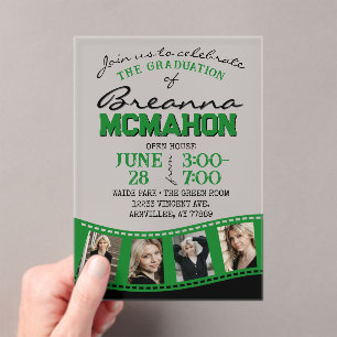 Invitations En Acrylique Graduation photo verte et noire Filmstrip Frosted