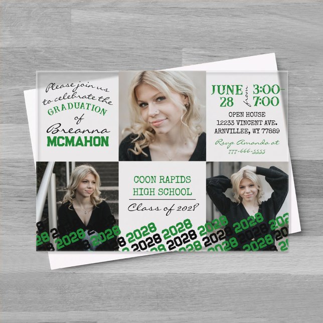 Invitations En Acrylique Graduation unique verte et noire 3 photo dégivrée (Unique Green and Black Graduation Acrylic Party Invitations)