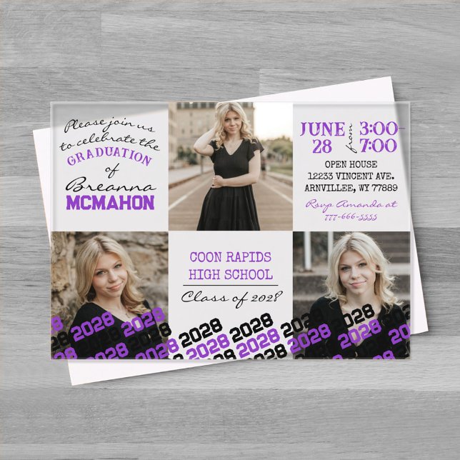 Invitations En Acrylique Graduation unique violet et noir 3 photo givré (Unique Purple and Black Graduation Acrylic Party Invitations)