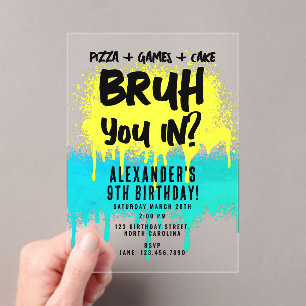 Invitations En Acrylique Graffiti Jaune de Bruh Boy's Birthday Neon Turquoi