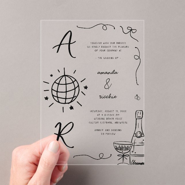 Invitations En Acrylique Grand Disco Monogramme Français Amusants Main Tiré (In situ (ordinateur de poche))
