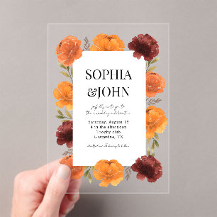 Invitations En Acrylique Gras Orange Fleurs en fleurs Mariage transparent