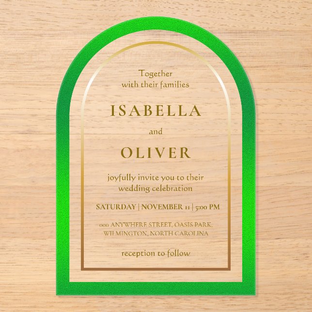 Invitations En Acrylique Grass green and golden gradient frame wedding (Recto)