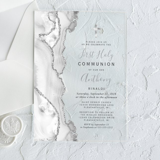 Invitations En Acrylique Gray Argent Agate Première Communion sainte (Créateur téléchargé)
