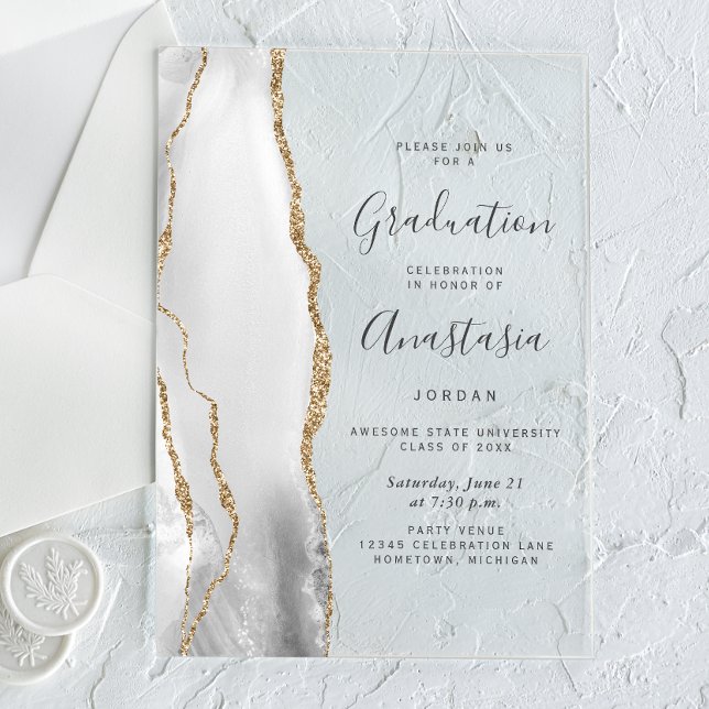 Invitations En Acrylique Gray White Gold Agate Gray Text Graduation (Créateur téléchargé)