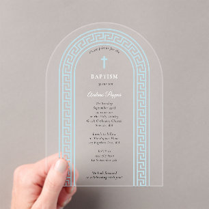 Invitations En Acrylique Grec Orthodoxe baptême Baptême Bleu Clé grecque