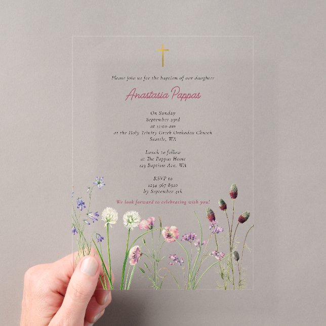 Invitations En Acrylique Grec Orthodoxe baptême Fleur sauvage fille (In situ (ordinateur de poche))