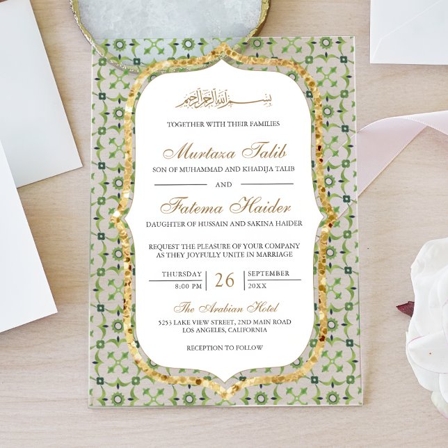 Invitations En Acrylique Green and Gold Moroccan Tile Islamic Wedding (Créateur téléchargé)