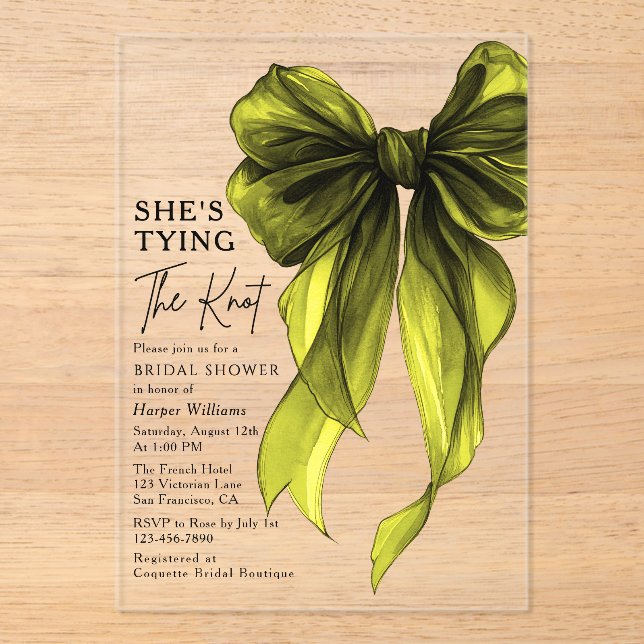 Invitations En Acrylique Green Bow She's Tying The Knot Bridal Shower (Recto)