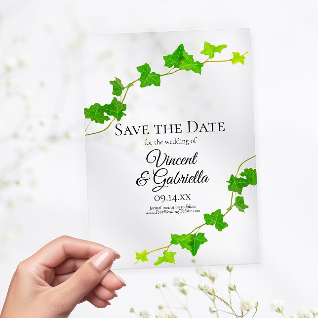 Invitations En Acrylique Green English Ivy Vine Wedding Enregistrer la date (Créateur téléchargé)