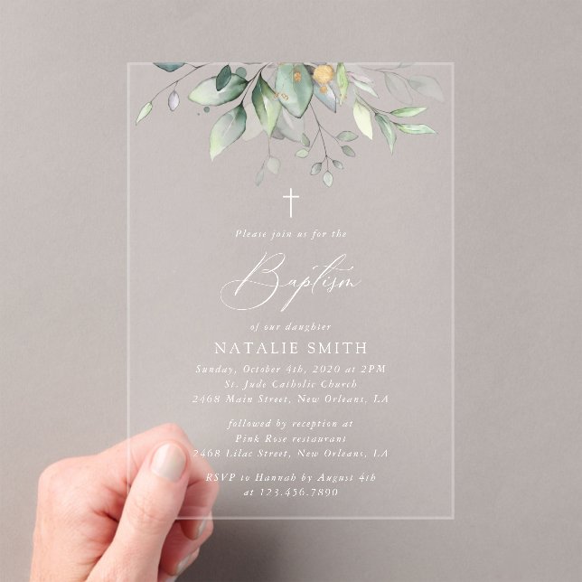 Invitations En Acrylique Greenery, Eucalyptus Leaves, Boho, Baptism (In situ (ordinateur de poche))