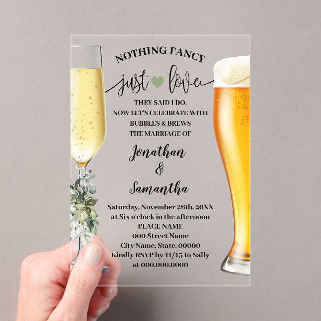 Invitations En Acrylique Greenery Nothing Fancy Just Love Bubbles & Brew (In situ (ordinateur de poche))