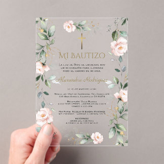 Invitations En Acrylique Greenery Pink Floral Spanish Mi Bautizo Baptism