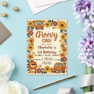 Invitations En Acrylique Groovy Un Lion Anniversaire Rétro 70s Premier Anni
