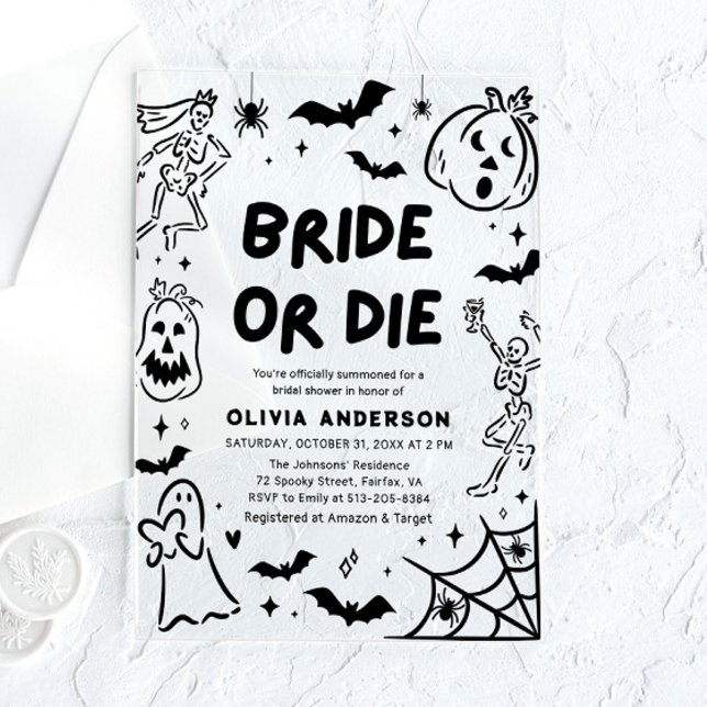 Invitations En Acrylique Halloween squelette Fête des mariées fantôme (Hand Drawn Halloween Skeleton Ghost Bridal Shower Acrylic Invitations)