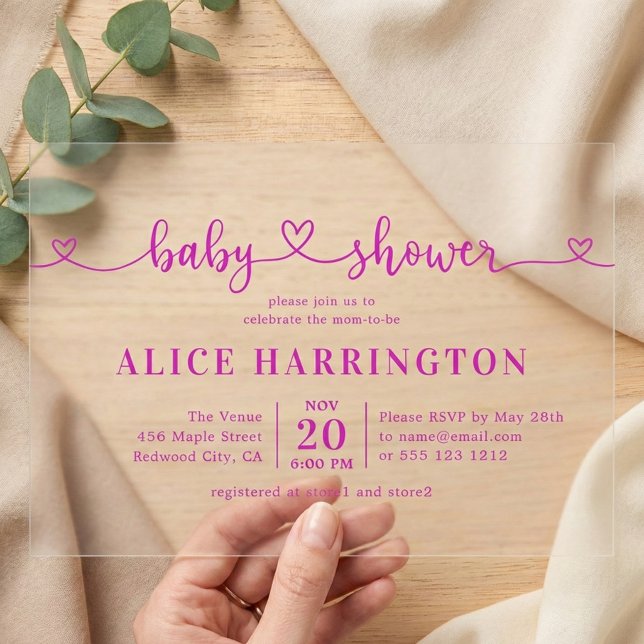 Invitations En Acrylique Heart Calligraphy Minimalist Pink Baby Shower (Créateur téléchargé)