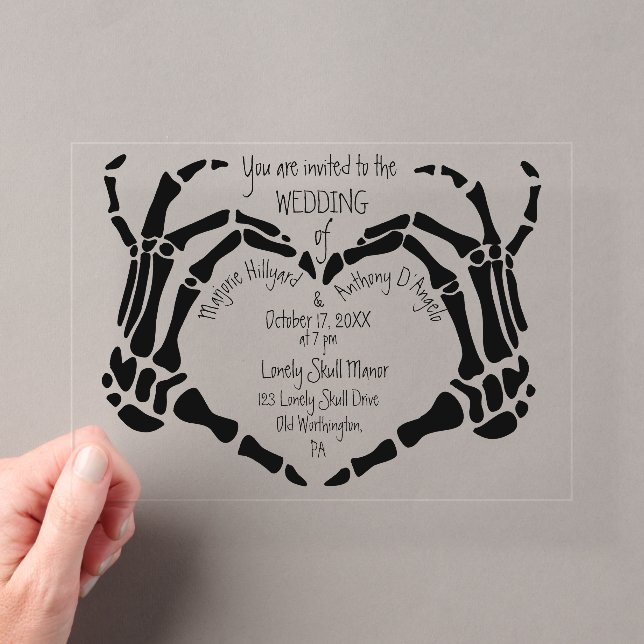 Invitations En Acrylique Heart Shaped Skeleton Hands Creepy Goth Wedding (In situ (ordinateur de poche))