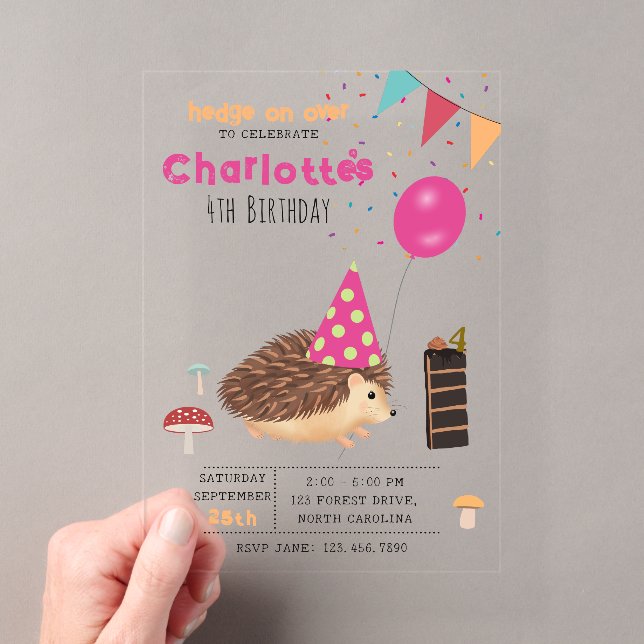 Invitations En Acrylique Hedgehog Mushroom Woodland Forest Balloon Birthday (In situ (ordinateur de poche))