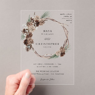 Invitations En Acrylique Hiver Blanc Floral & Pine Mariage Wreath