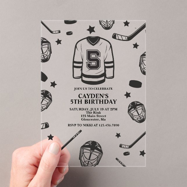 Invitations En Acrylique Hockey noir et blanc 5e anniversaire (In situ (ordinateur de poche))