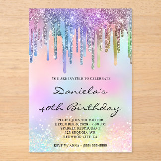 Invitations En Acrylique Holo Glitter Rainbow Drips 40th Birthday