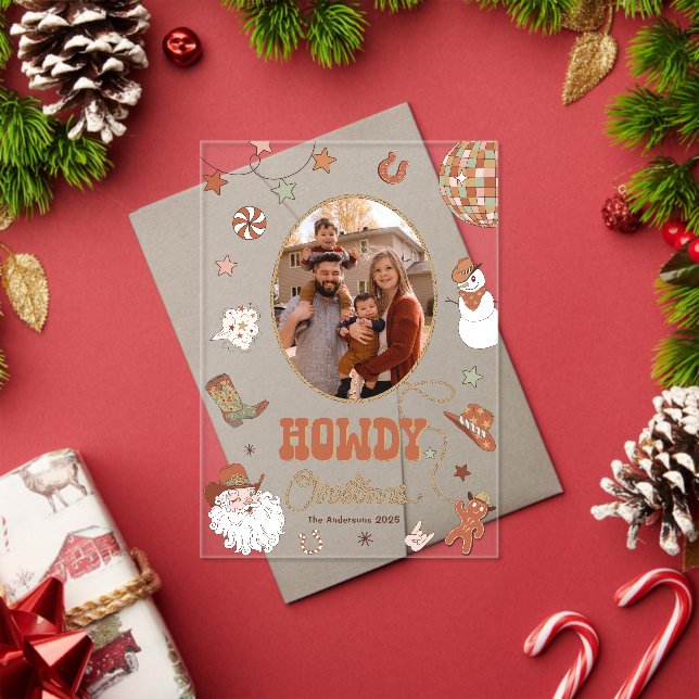 Invitations En Acrylique Howdy Retro Western Family Photo Carte de Noël (Insitu (vacances))