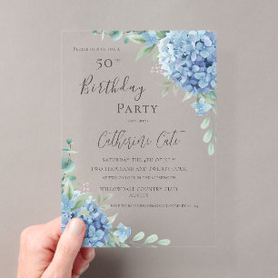 Invitations En Acrylique Hydrangea Bleue Florale Élégante 50e Anniversaire