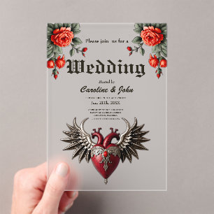 Invitations En Acrylique Icône gothique romantique : coeur, rose, crâne.