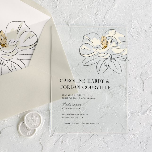 Invitations En Acrylique Illustration de Magnolia blanc Mariage minimal mod (White Magnolia Illustration Modern Minimal Wedding Acrylic Invitations)