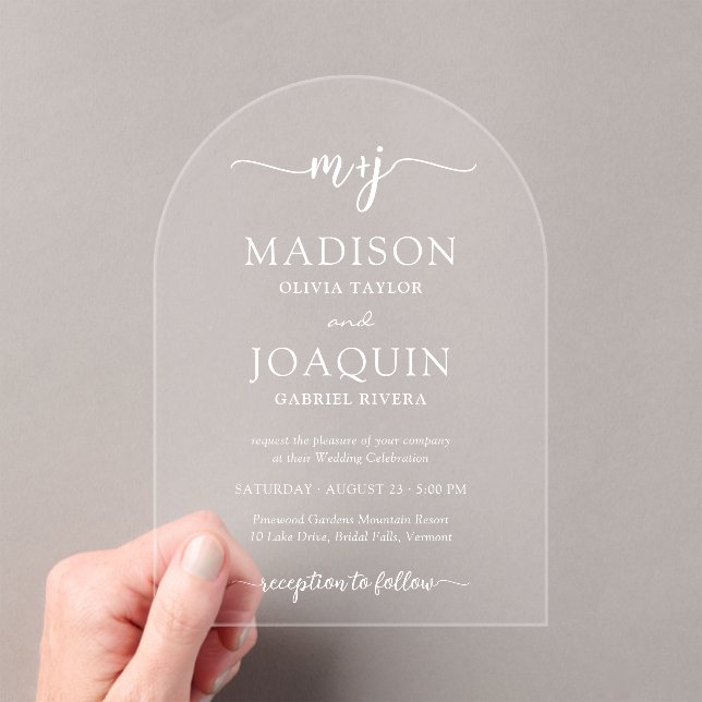 Invitations En Acrylique Initiales de mariage arquées de script élégant sim (In situ (ordinateur de poche))