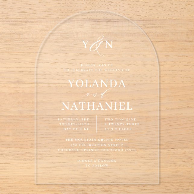 Invitations En Acrylique Initiales simples Élégant Mariage d'arc de calligr (Recto)