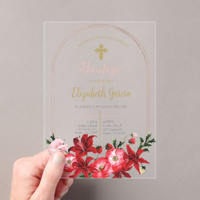 Invitations En Acrylique Invitación con flor roja para bautismo (In situ (ordinateur de poche))