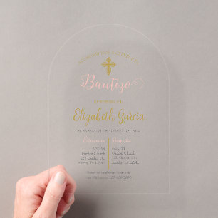 Invitations En Acrylique Invitación de bautismo floral rosa en español