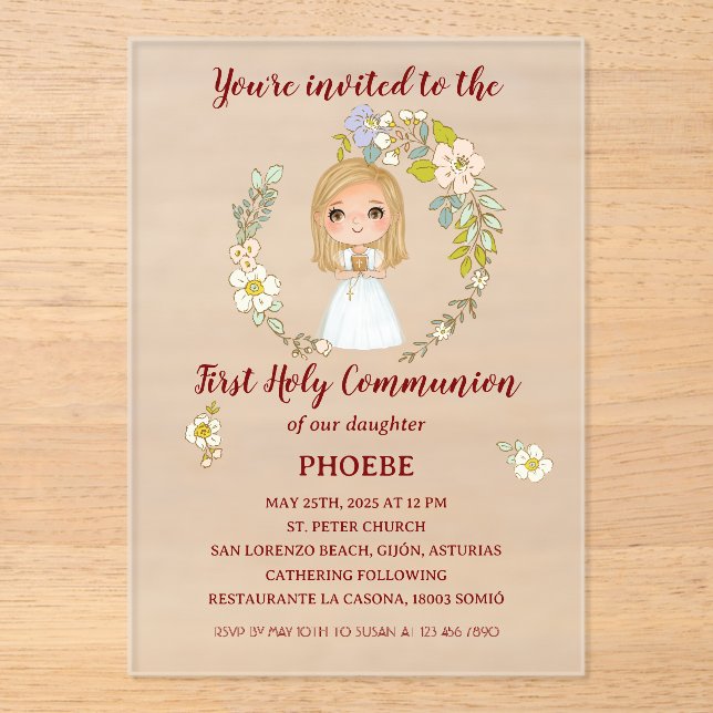 Invitations En Acrylique Invitación sobre acrílico PHOEBE Primera Comunión (Recto)